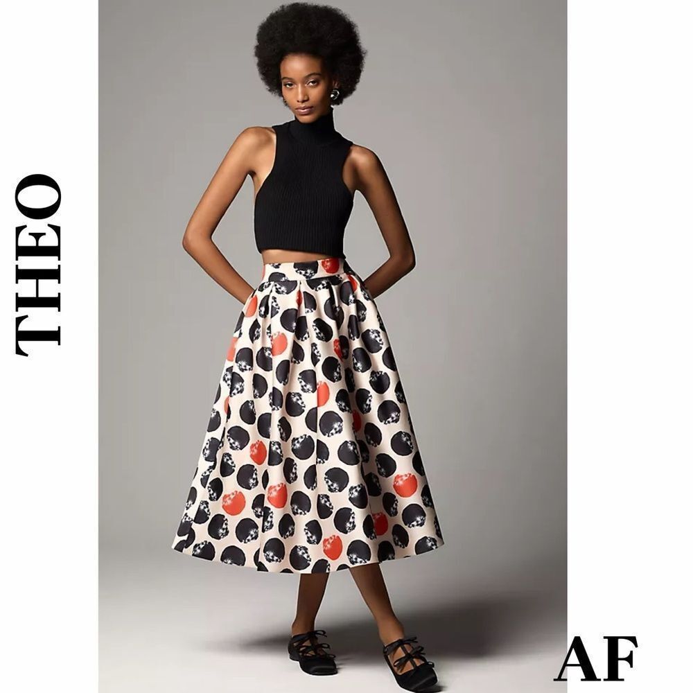 Theo Clio Black and Red Patterned A-Line Skirt Size Medium NWT